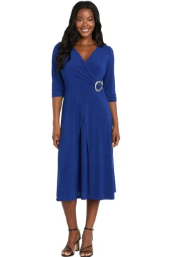 Midi Jersey Faux Wrap with 3/4 Sleeves - Indigo