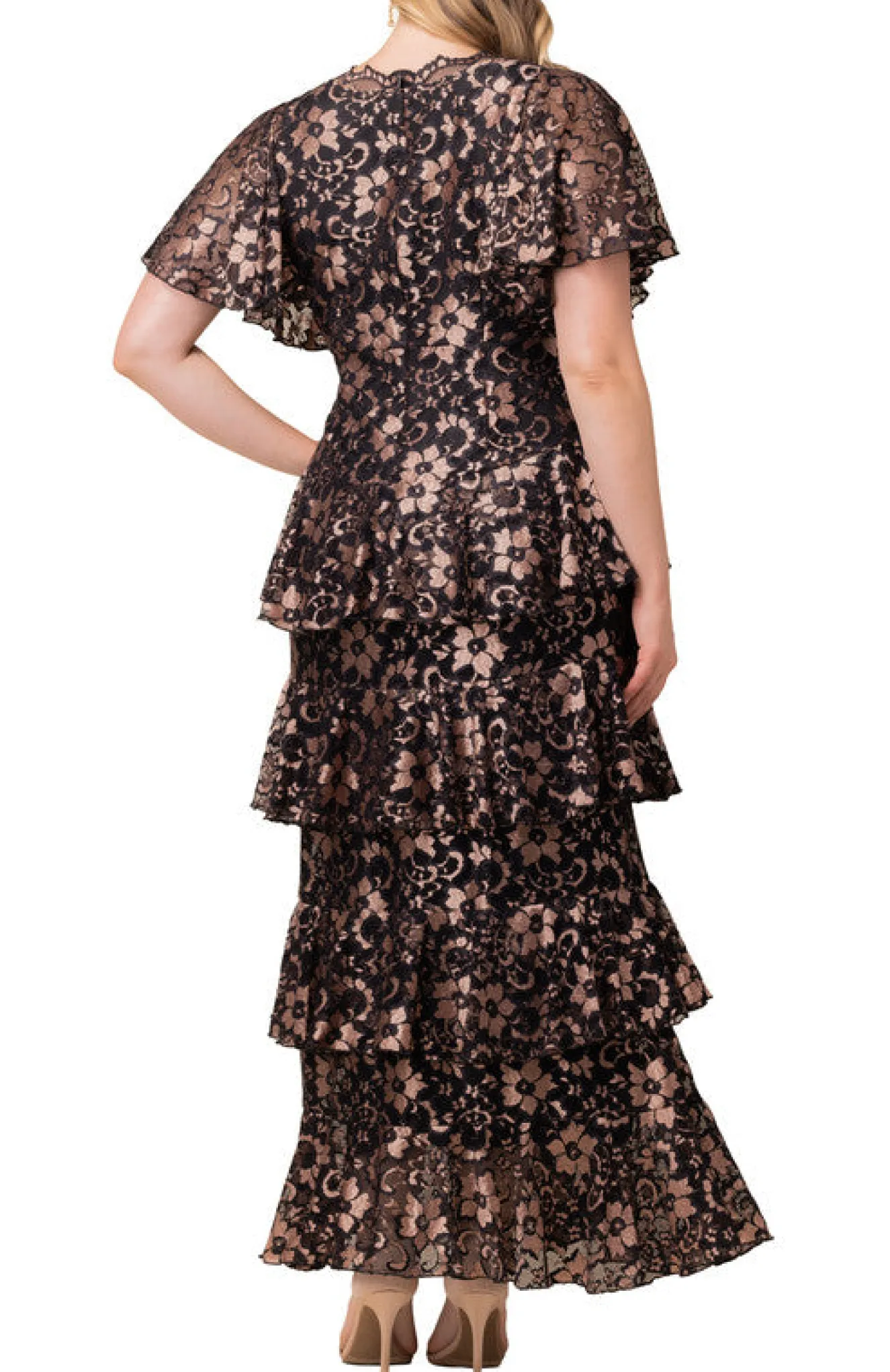 Mon Ange Tiered Lace Evening Gown - Rose Gold - Plus