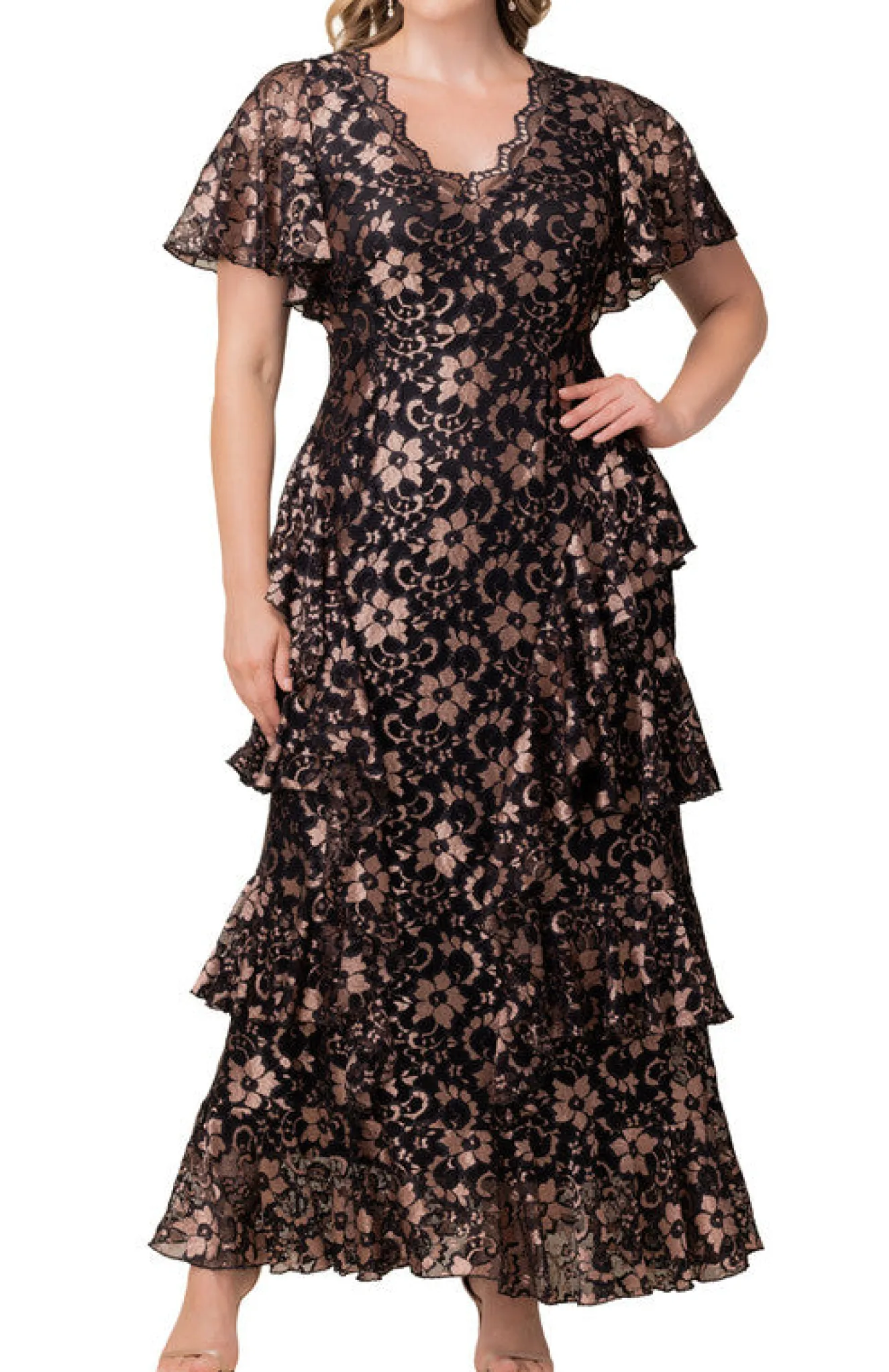 Mon Ange Tiered Lace Evening Gown - Rose Gold - Plus