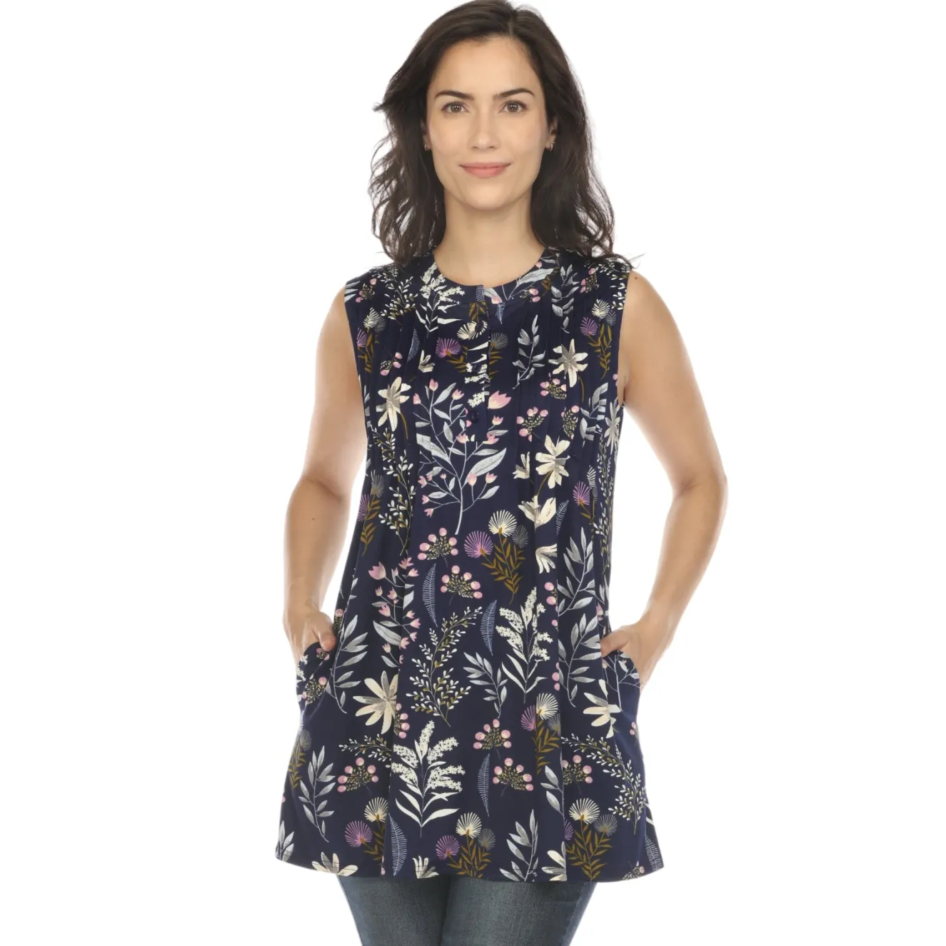 Navy Floral Sleeveless Tunic Top
