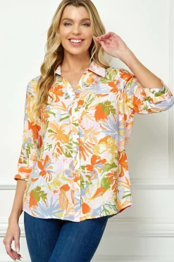 3/4 Notch Cuff Sleeve Johnny Collar Shirt in Orange