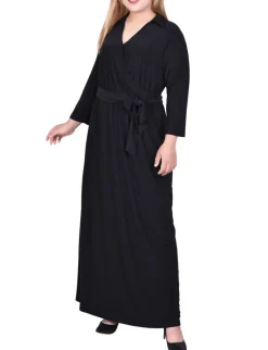NY Collection Plus Size 3/4 Sleeve Belted Maxi Dress
