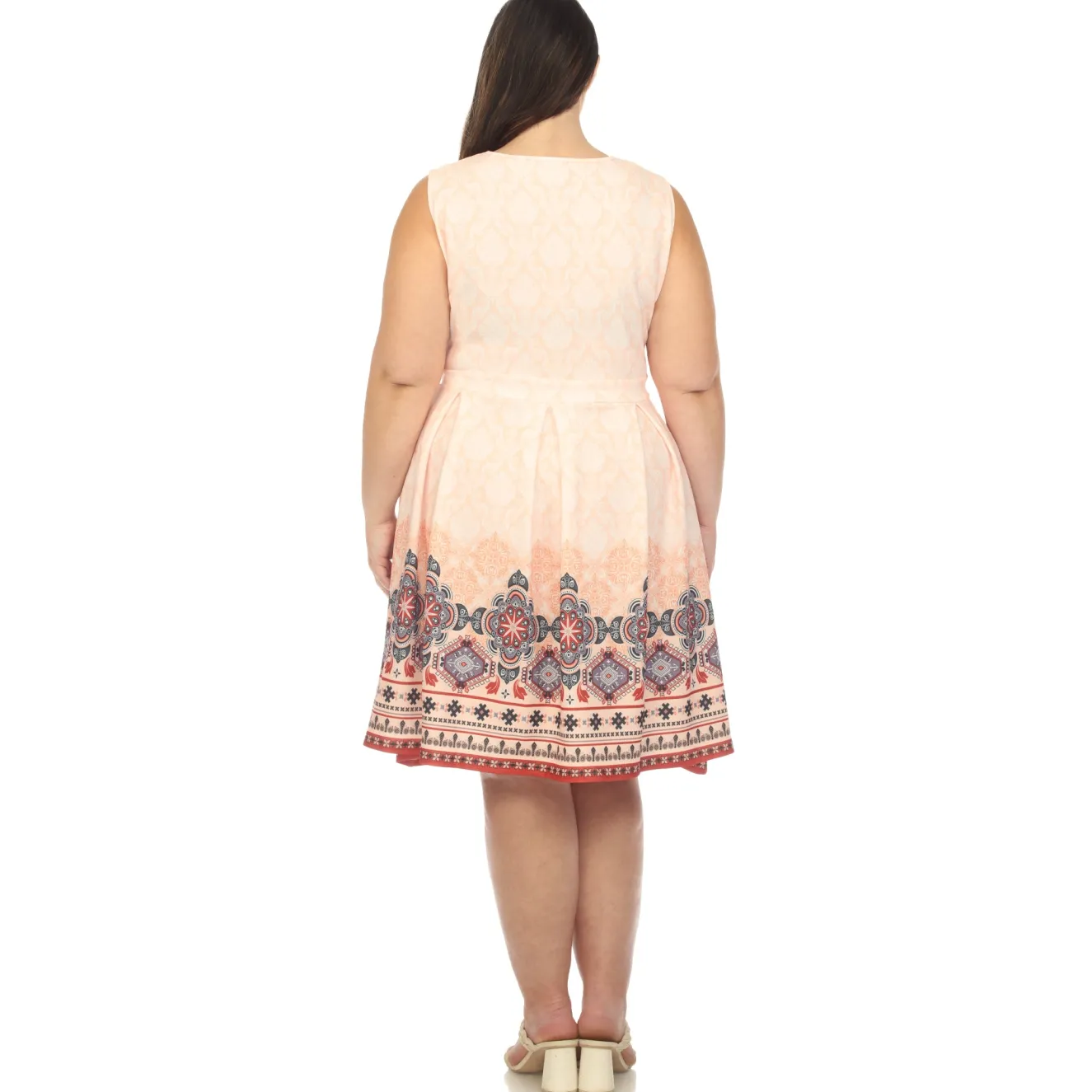 Orange Border Print Fit and Flare Knee Length Dress - Plus
