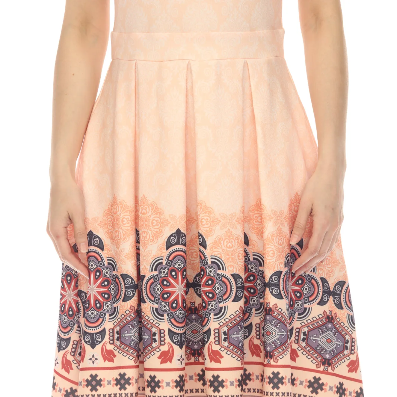 Orange Border Print Fit and Flare Knee Length Dress