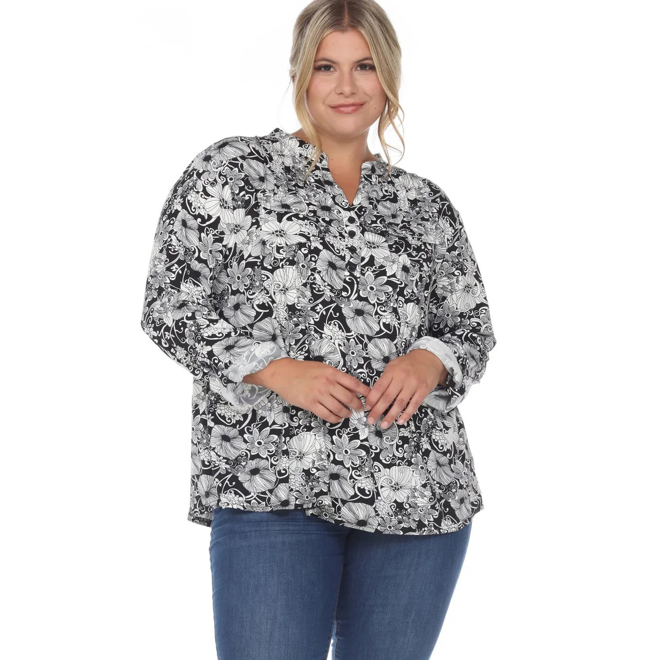 Pleated Long Sleeve Floral Print Blouse - Plus