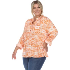 Pleated Long Sleeve Floral Print Blouse - Plus