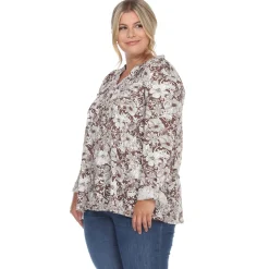Pleated Long Sleeve Floral Print Blouse - Plus