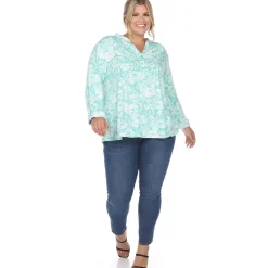 Pleated Long Sleeve Floral Print Blouse - Plus