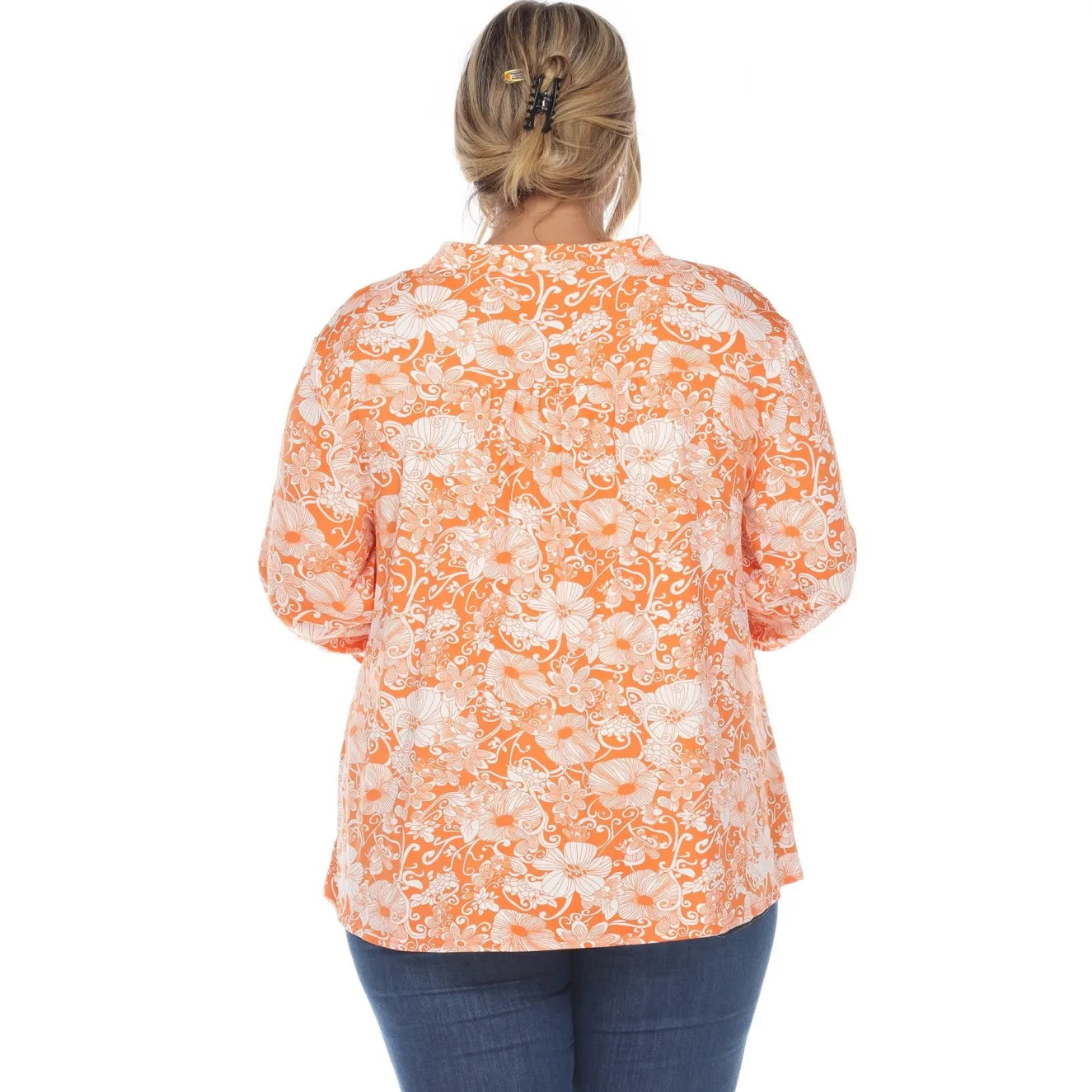 Pleated Long Sleeve Floral Print Blouse - Plus