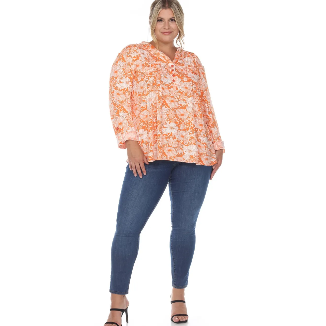Pleated Long Sleeve Floral Print Blouse - Plus