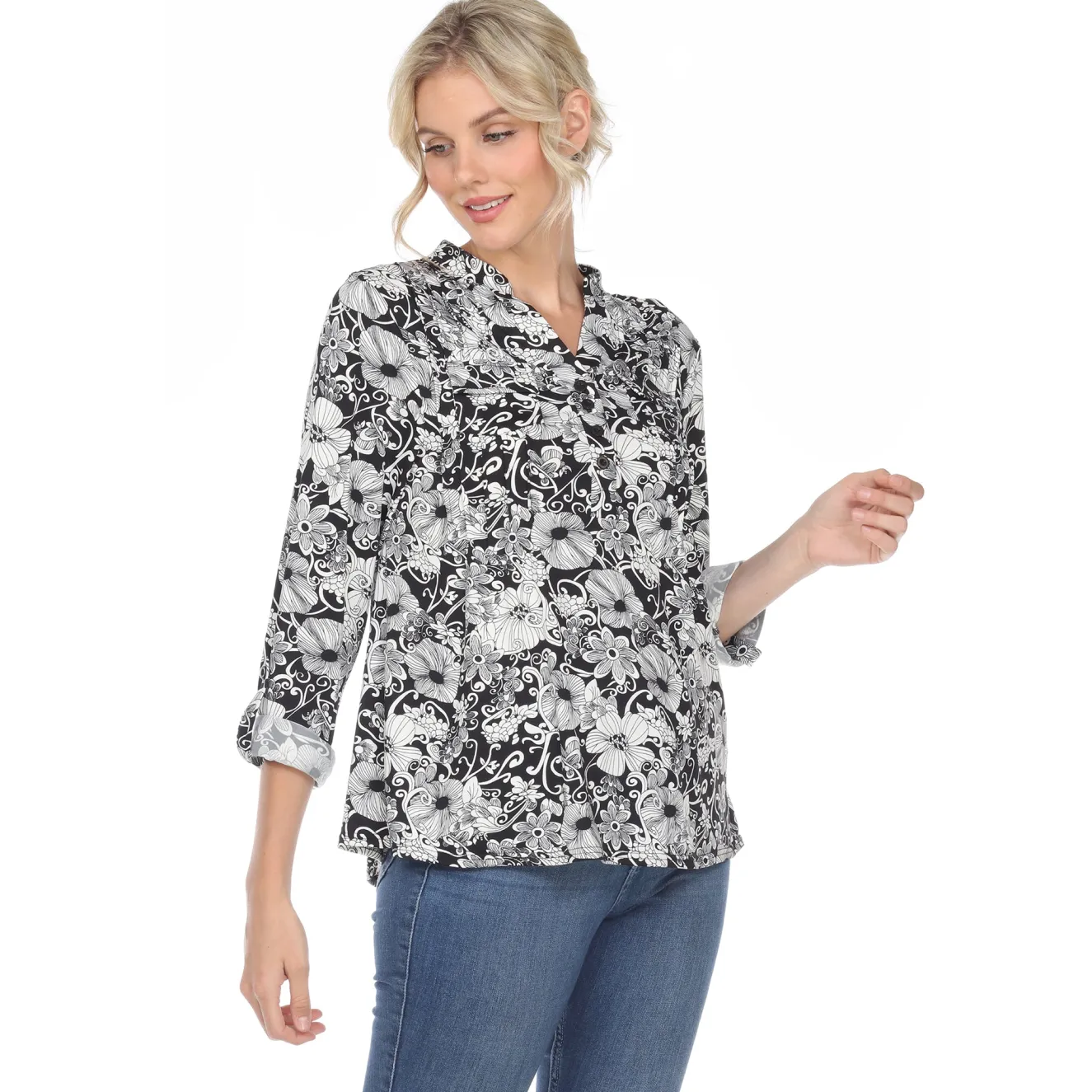 Pleated Long Sleeve Floral Print Blouse
