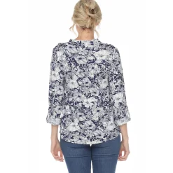 Pleated Long Sleeve Floral Print Blouse