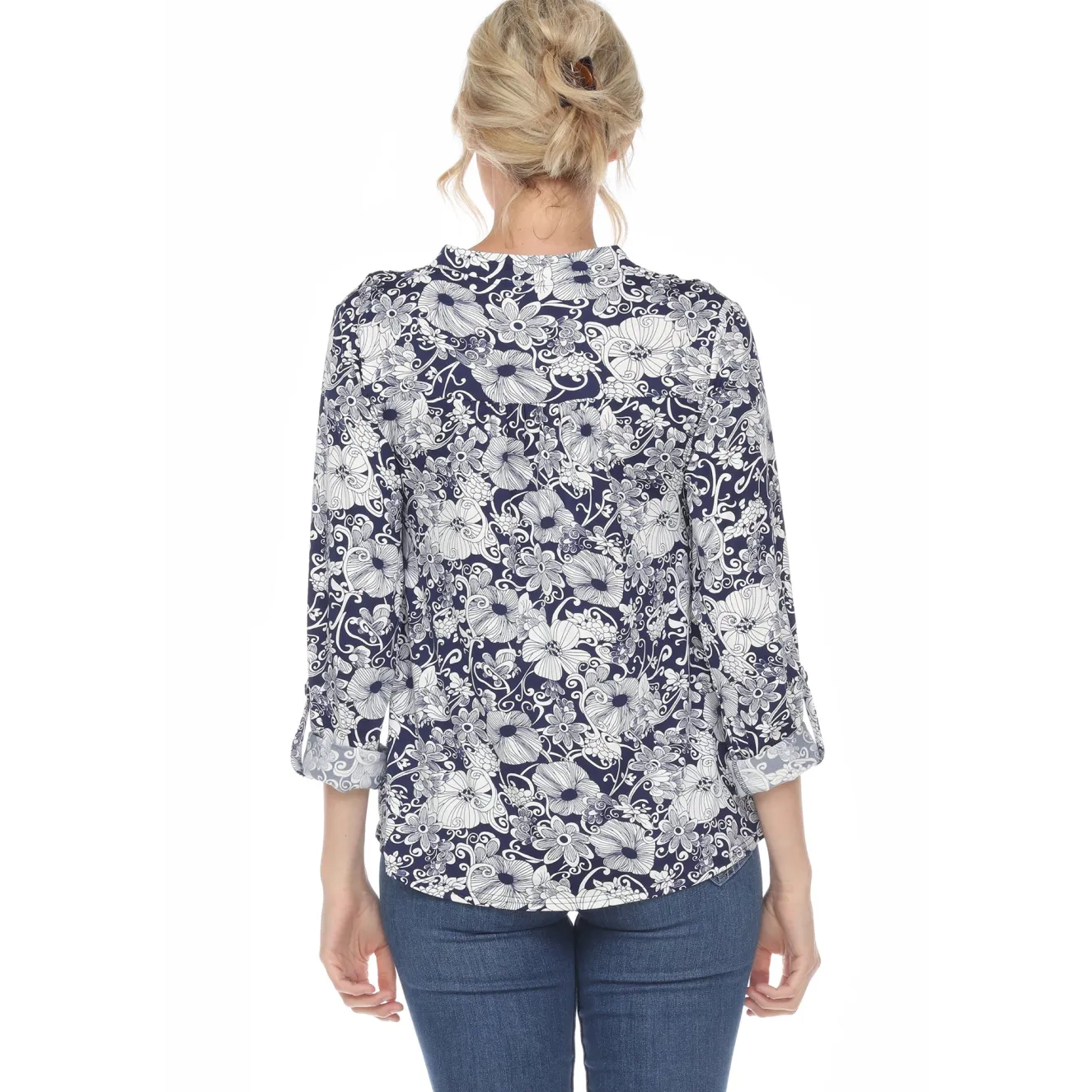 Pleated Long Sleeve Floral Print Blouse