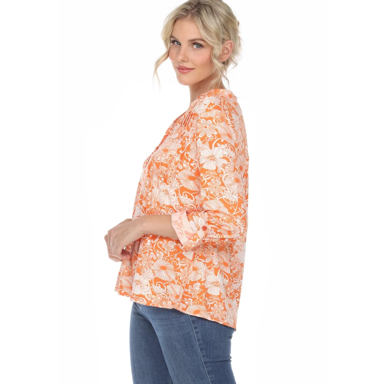 Pleated Long Sleeve Floral Print Blouse
