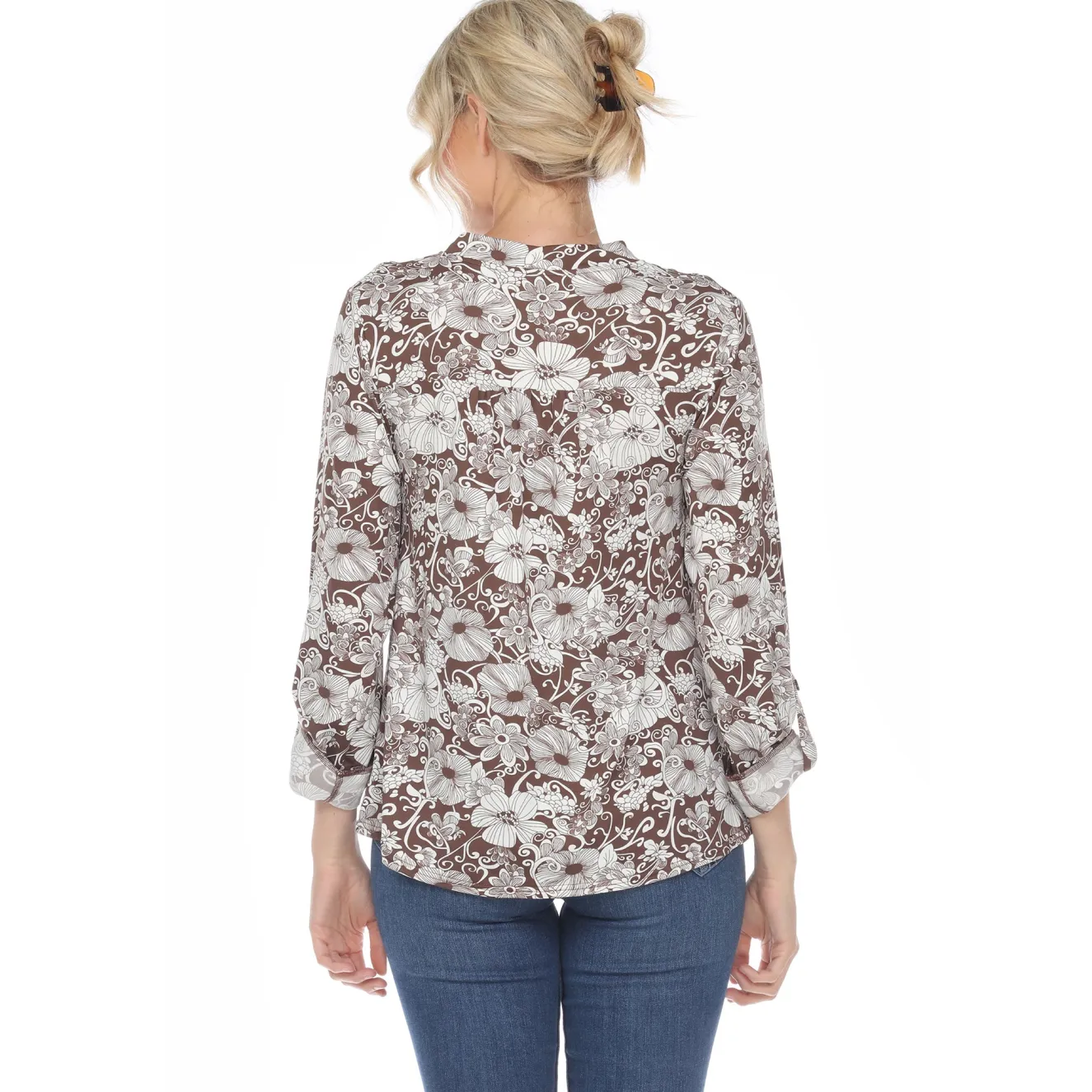 Pleated Long Sleeve Floral Print Blouse
