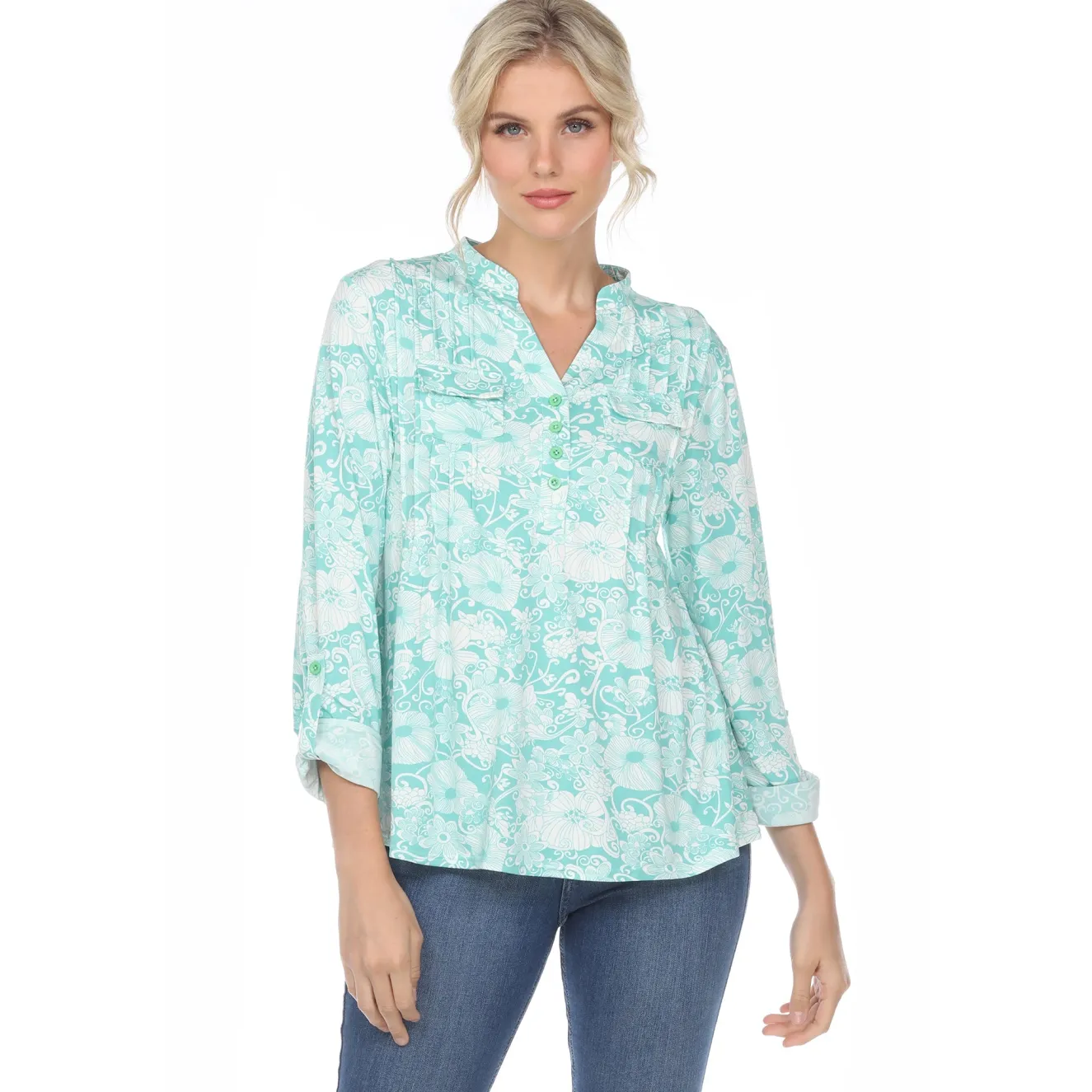 Pleated Long Sleeve Floral Print Blouse