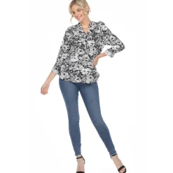 Pleated Long Sleeve Floral Print Blouse