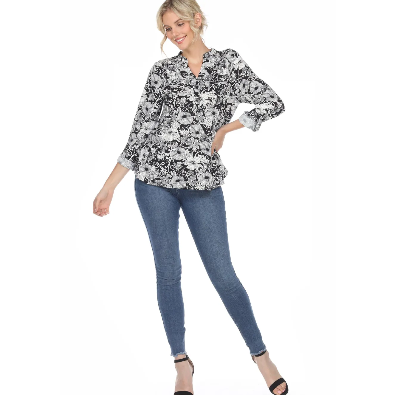 Pleated Long Sleeve Floral Print Blouse