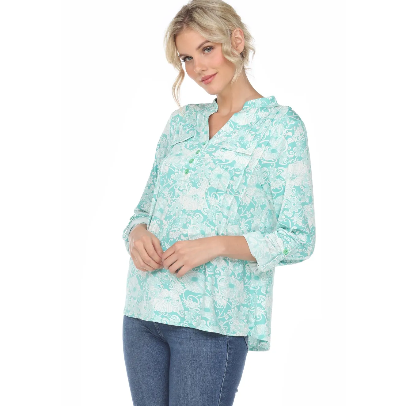 Pleated Long Sleeve Floral Print Blouse