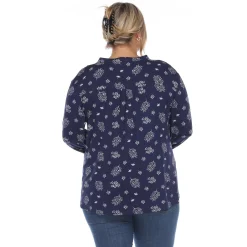 Pleated Long Sleeve Leaf Print Blouse - Plus