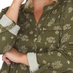 Pleated Long Sleeve Leaf Print Blouse - Plus