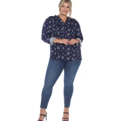 Pleated Long Sleeve Leaf Print Blouse - Plus