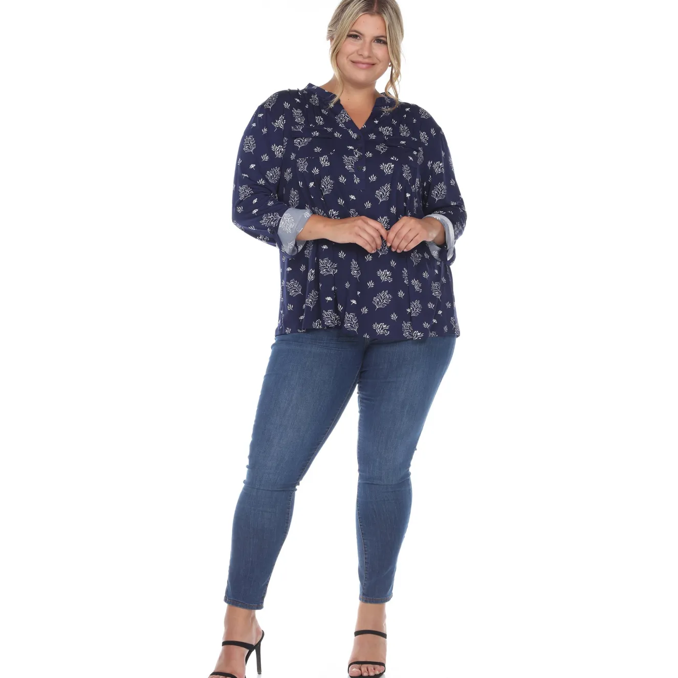 Pleated Long Sleeve Leaf Print Blouse - Plus