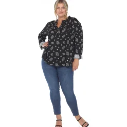 Pleated Long Sleeve Leaf Print Blouse - Plus