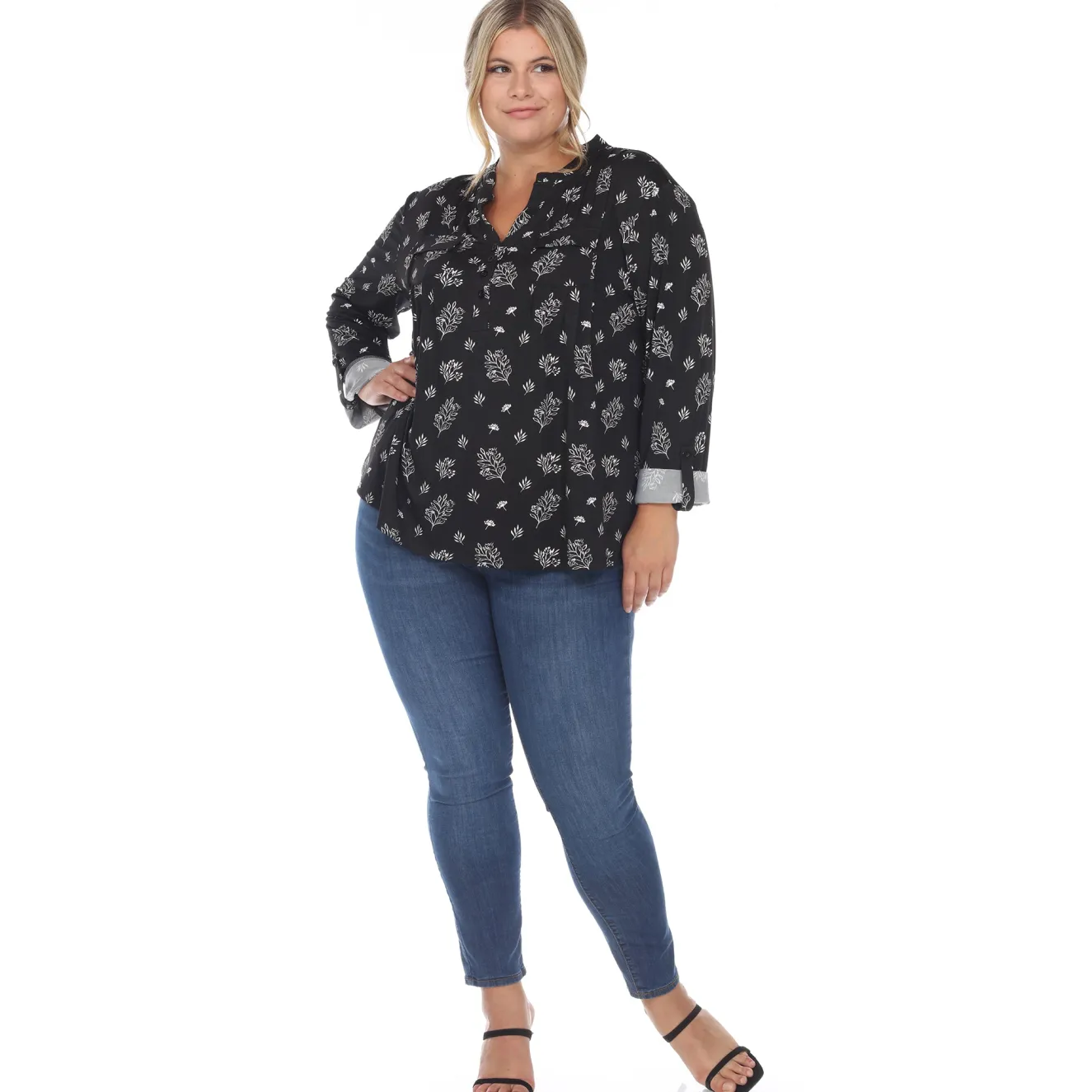 Pleated Long Sleeve Leaf Print Blouse - Plus
