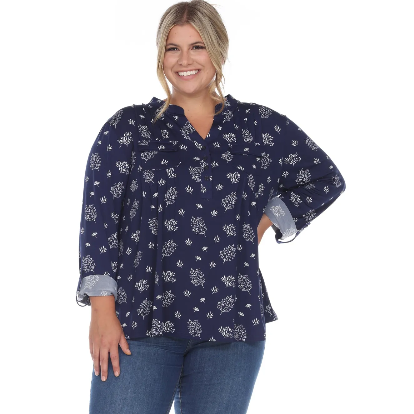 Pleated Long Sleeve Leaf Print Blouse - Plus