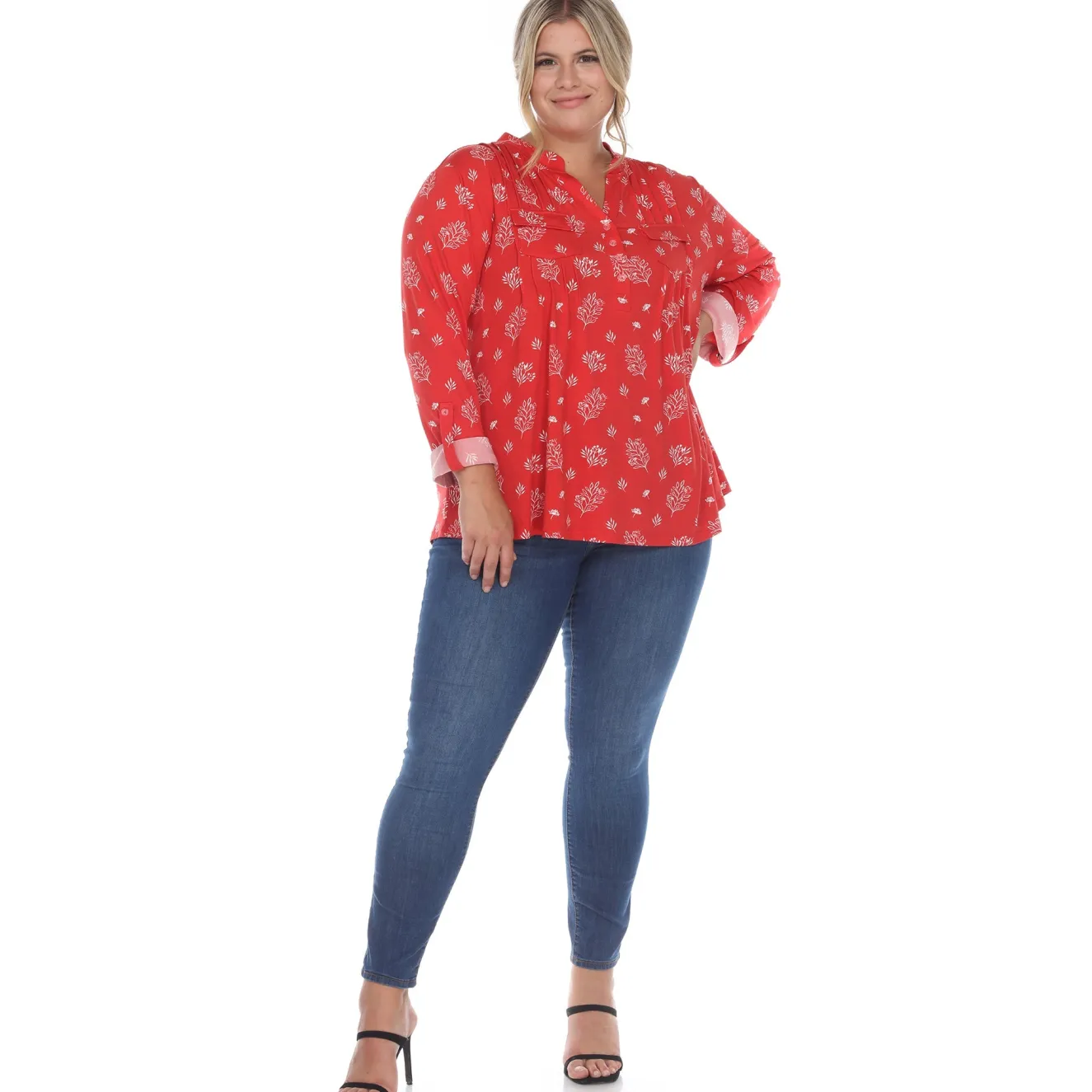 Pleated Long Sleeve Leaf Print Blouse - Plus