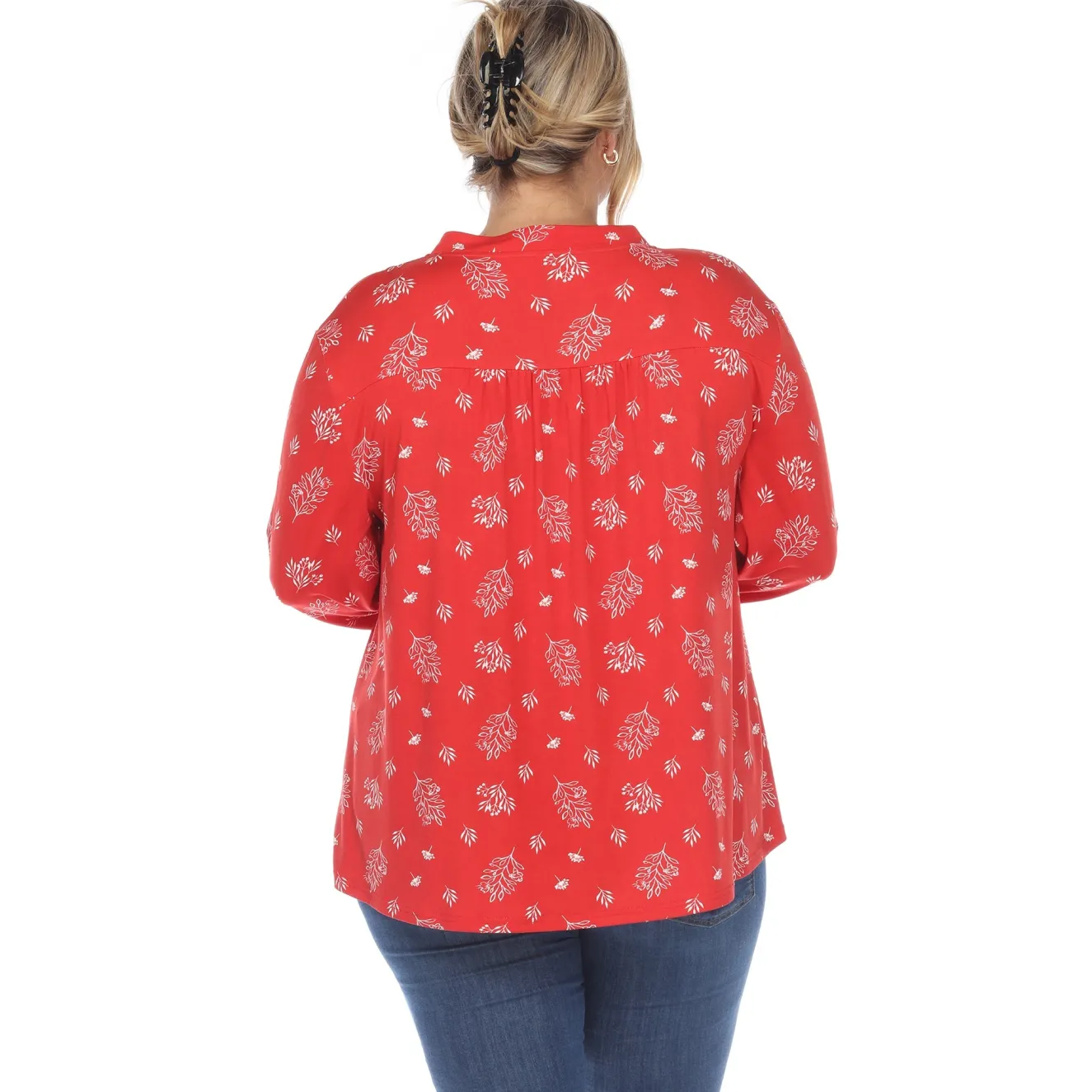 Pleated Long Sleeve Leaf Print Blouse - Plus