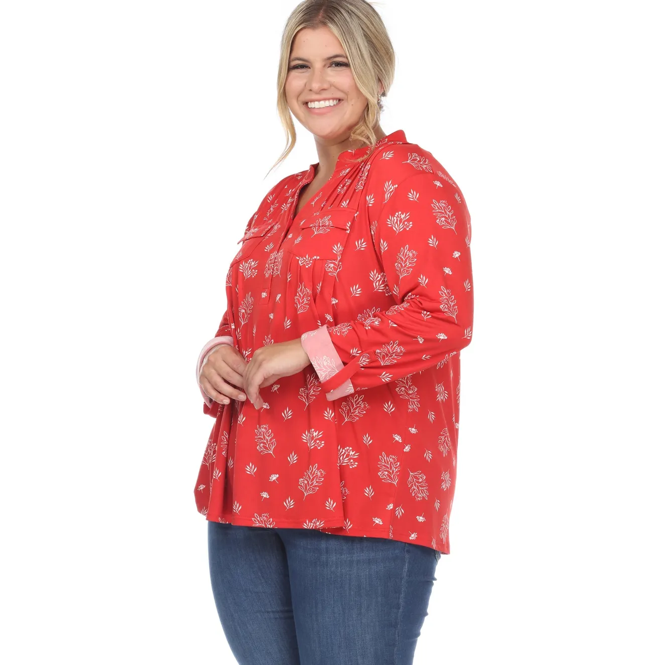 Pleated Long Sleeve Leaf Print Blouse - Plus