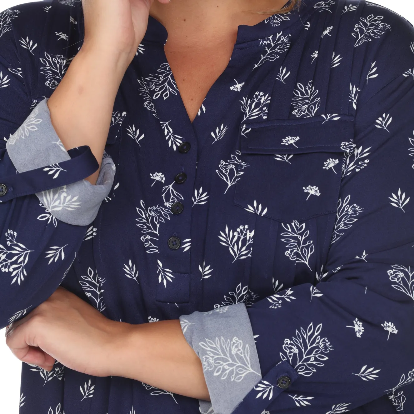 Pleated Long Sleeve Leaf Print Blouse - Plus