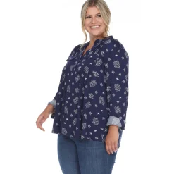 Pleated Long Sleeve Leaf Print Blouse - Plus