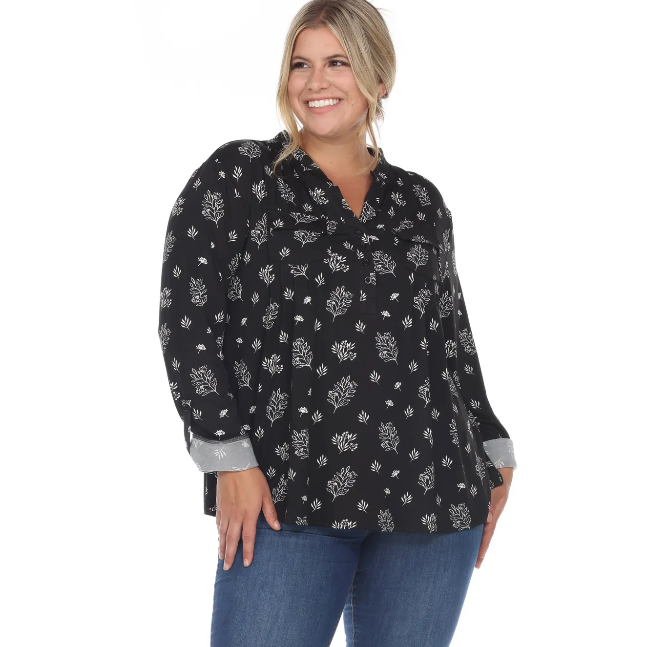 Pleated Long Sleeve Leaf Print Blouse - Plus