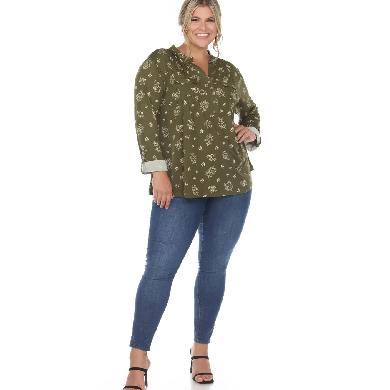 Pleated Long Sleeve Leaf Print Blouse - Plus