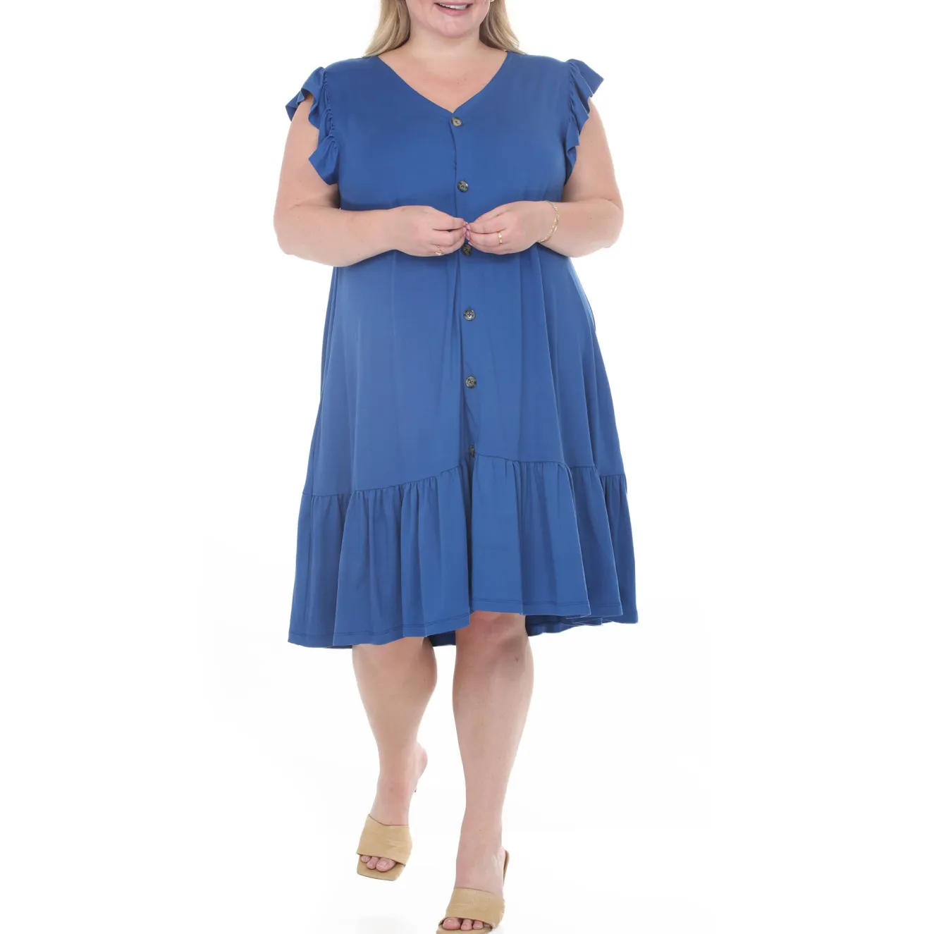 Plus Size Button Front Tiered Swing Dress