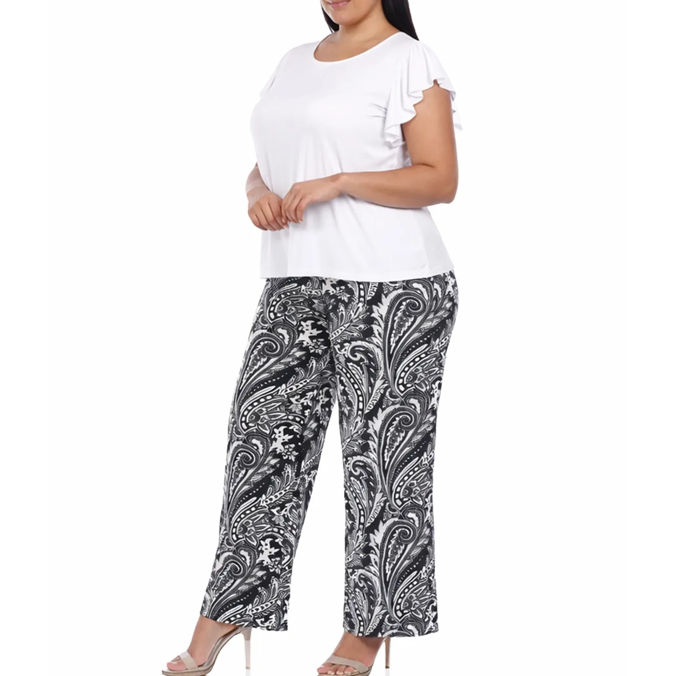 Plus Size Ruffle Sleeve Top & Printed Pant Set