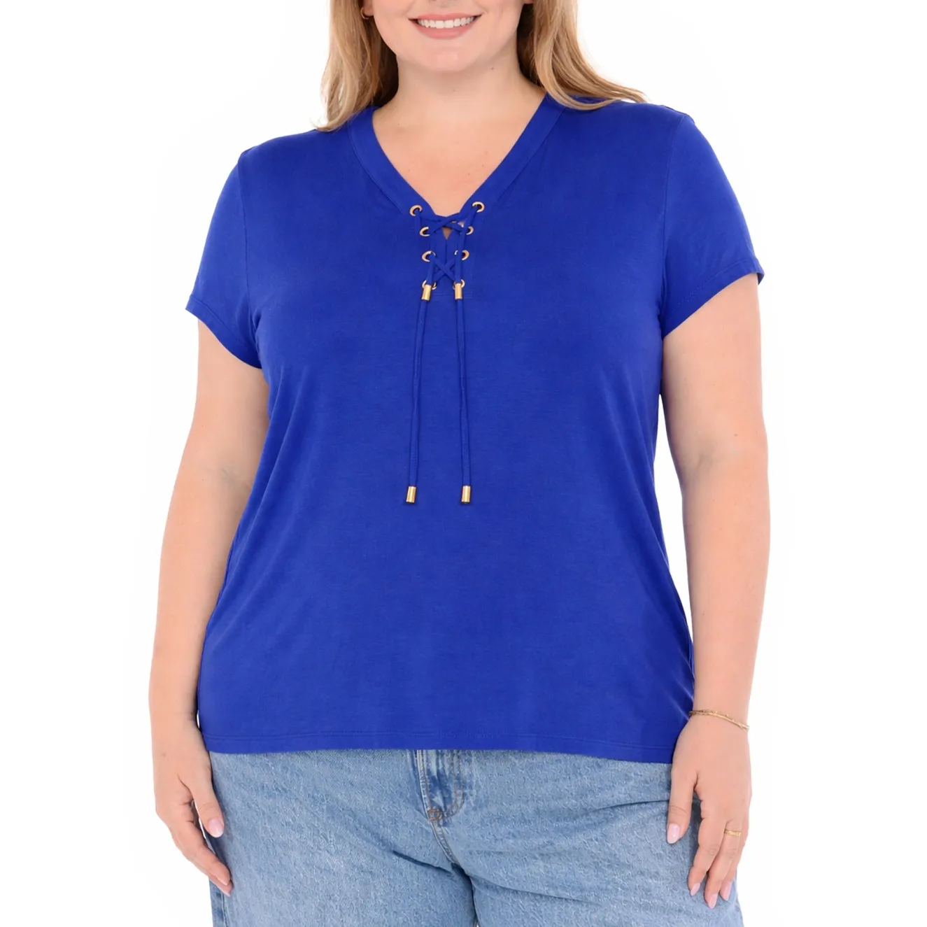 Plus Size V-Neck Front Tie Pullover Top
