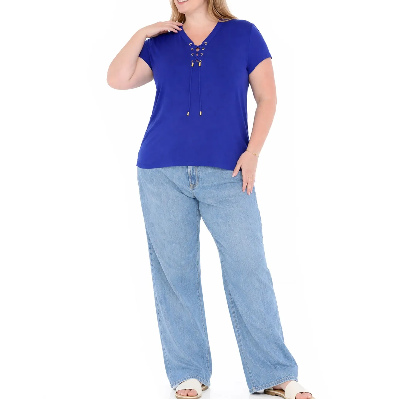 Plus Size V-Neck Front Tie Pullover Top