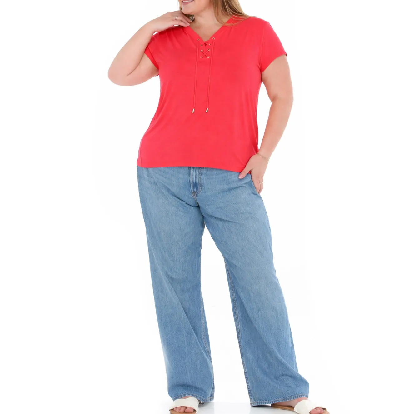 Plus Size V-Neck Front Tie Pullover Top