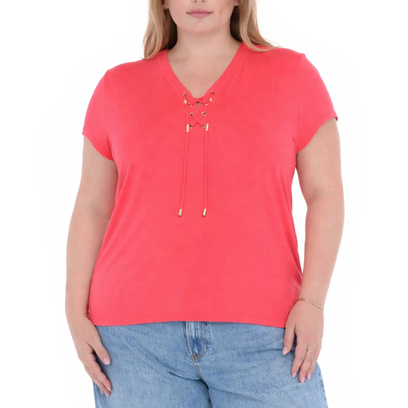 Plus Size V-Neck Front Tie Pullover Top