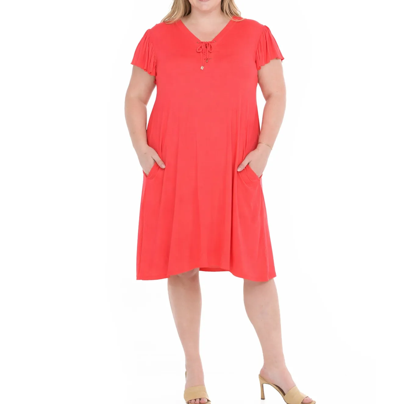 Plus Size V-Neck Tie Front Flutter Sleeve Shift Dres