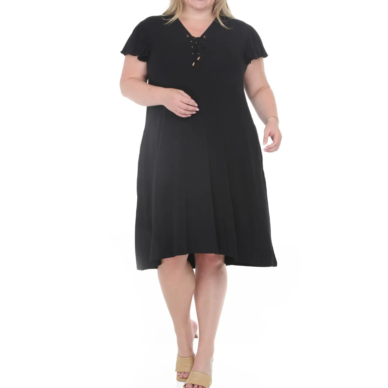 Plus Size V-Neck Tie Front Flutter Sleeve Shift Dres