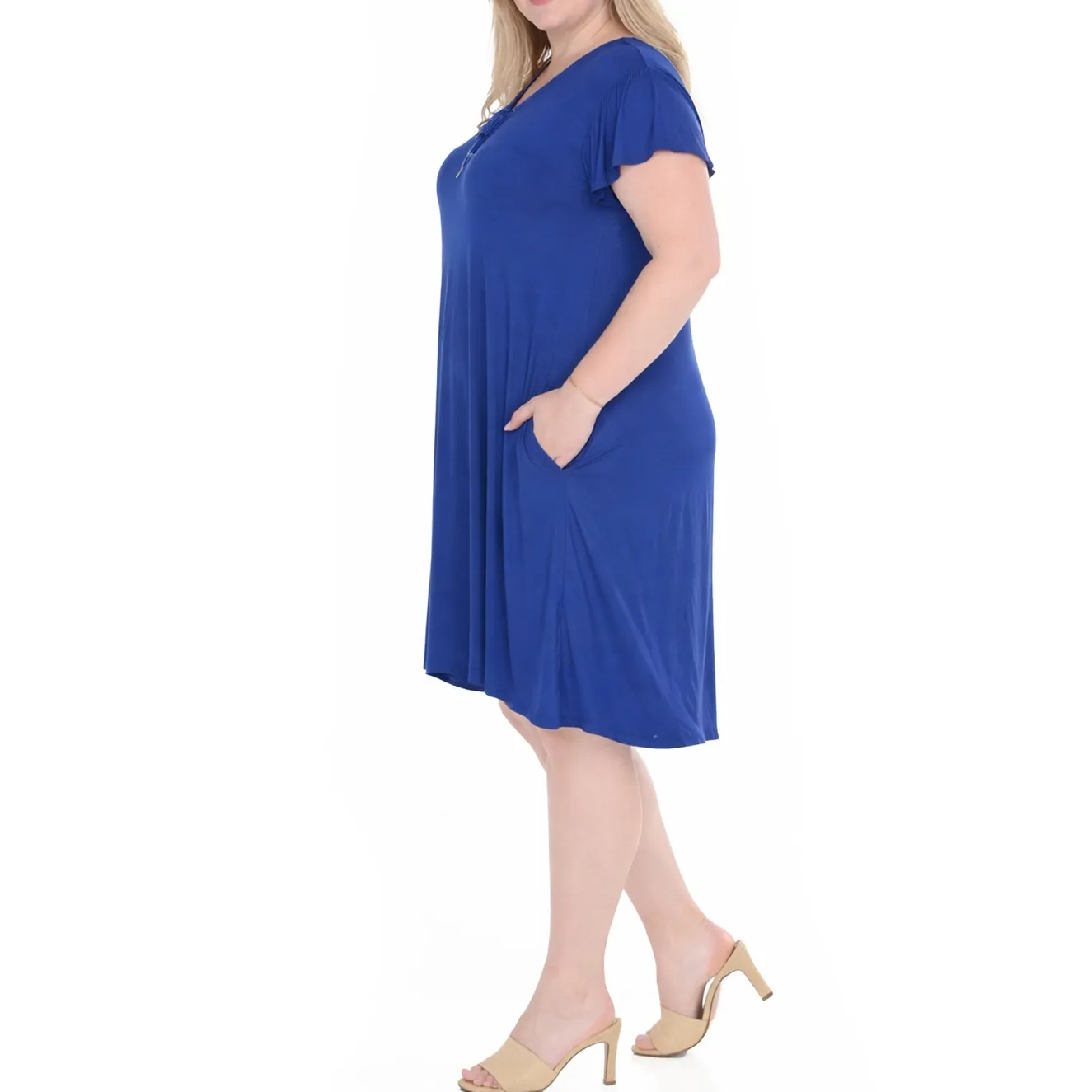 Plus Size V-Neck Tie Front Flutter Sleeve Shift Dres