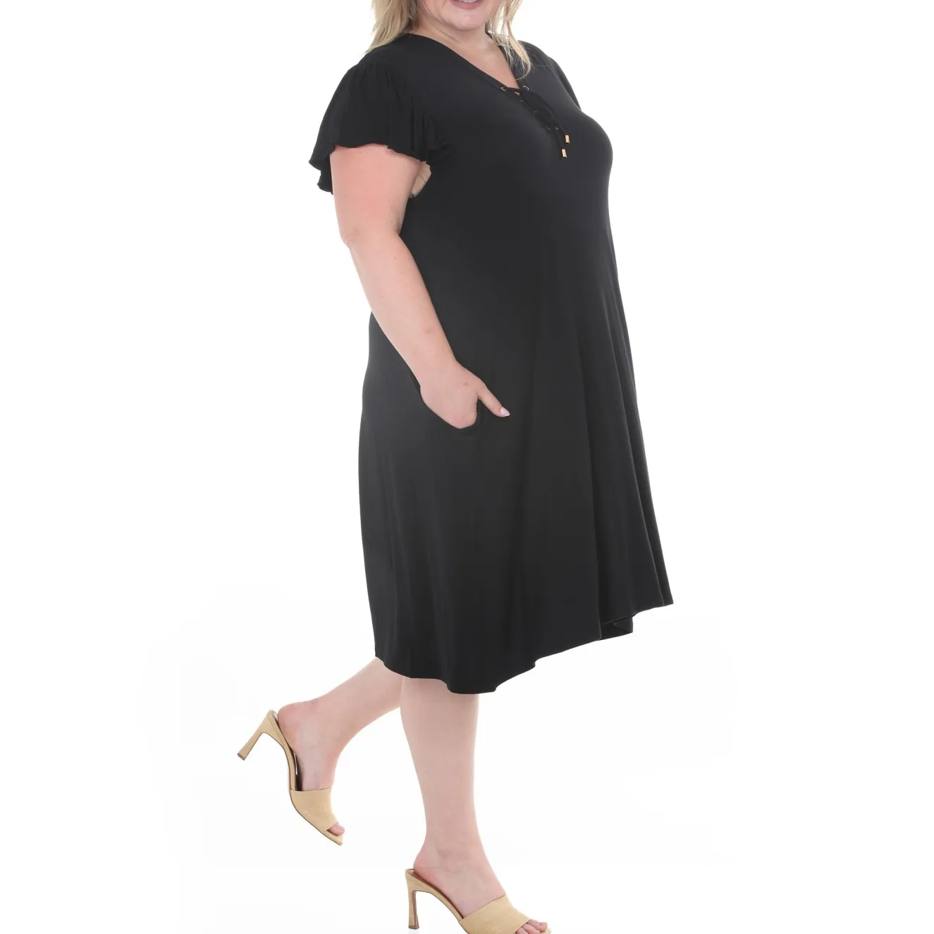 Plus Size V-Neck Tie Front Flutter Sleeve Shift Dres