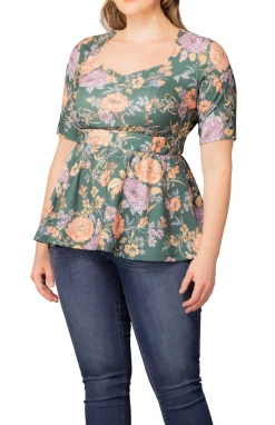 Posh Peplum Top- Green Garden -Plus