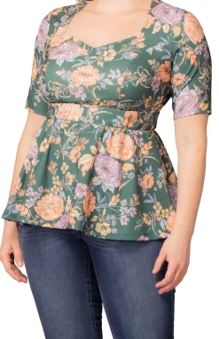 Posh Peplum Top- Green Garden -Plus