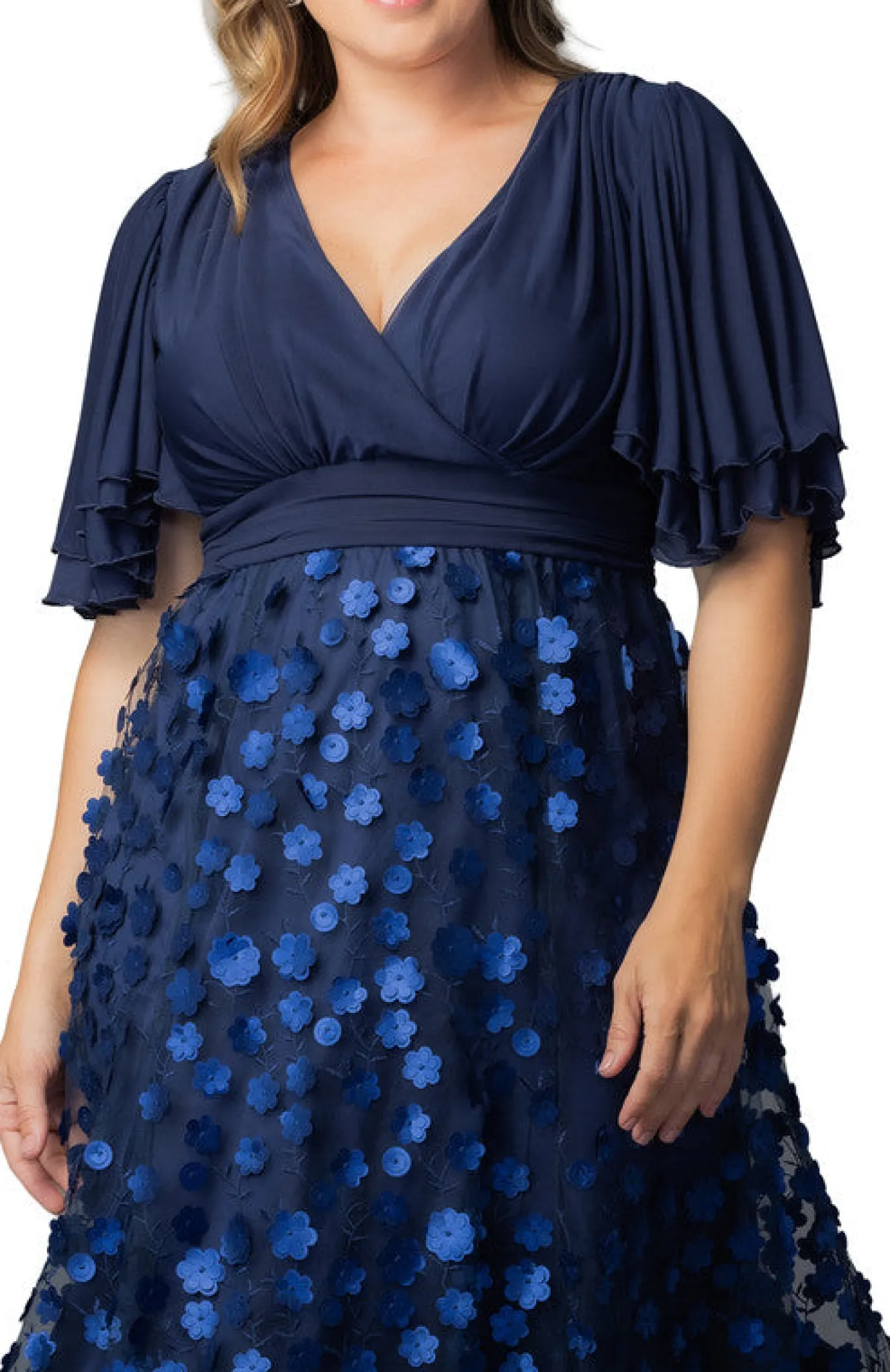 Pretty Petals Mesh Cocktail Dress - Navy Blossoms - Plus